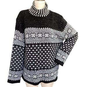 Crossing Pointe Turtleneck Sweater Nordic Fair Isle XL Black Gray White #177F
